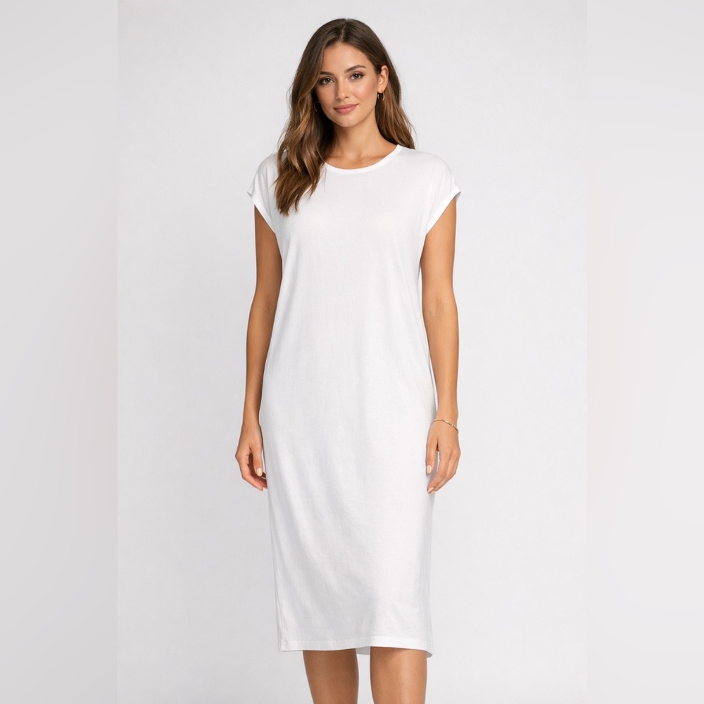 EUC Marcella Off White Asymmetrical Single Batwing Sleeve Midi Dress, size Small